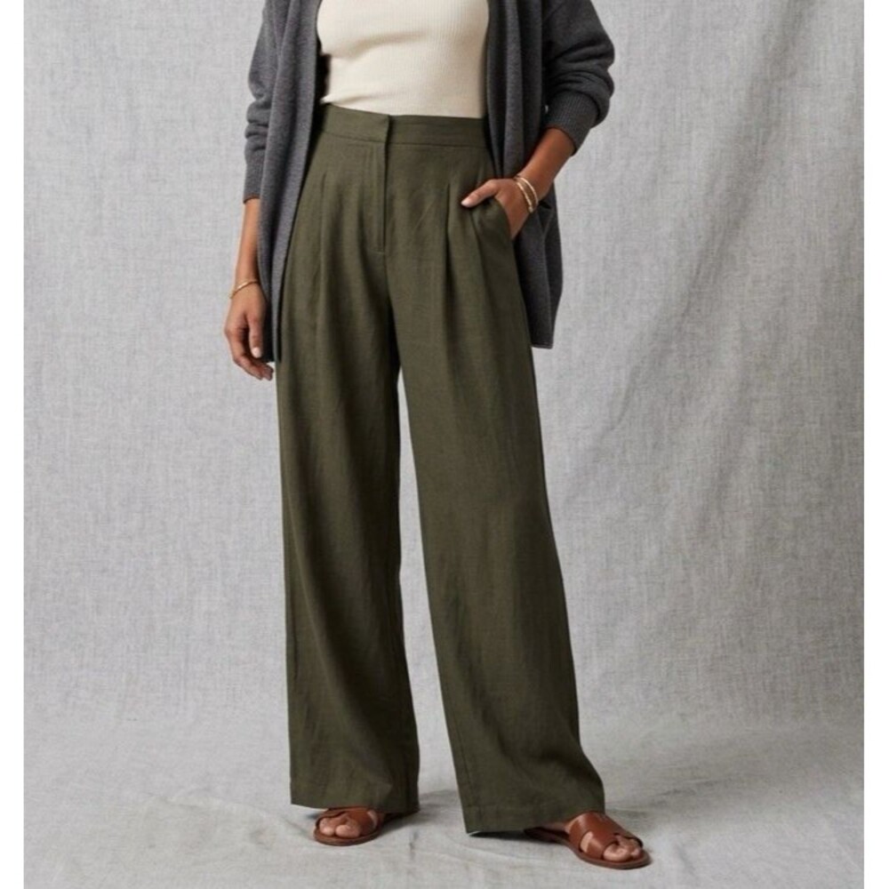 SHEIN Wide Leg Linen Blend Pants military green large High Rise Slant Pocket